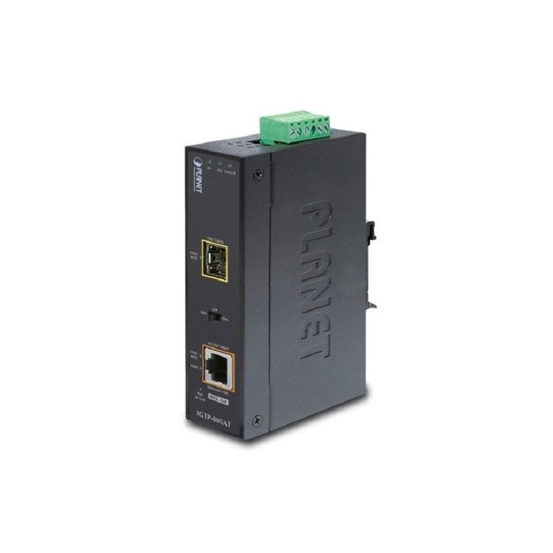 Mediekonverter 100/1000Mbit fiber til RJ45 10/100/1000Mbit. Til SFP modul. PoE+ ud (30Watt)