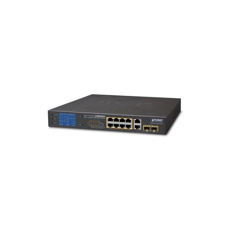 8 port Non managed 10/100Mbit RJ45 PoE + 2 x Gbit SFP fiber ports, an LCD screen