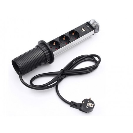 POP UP Stikdåse med 3 x AC udtag og 2 x USB udtag, 1,8m kabel, 250 V, Max. 16A til montage i bla. bordplader