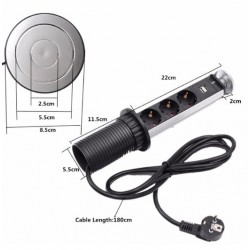 POP UP Stikdåse med 3 x AC udtag og 2 x USB udtag, 1,8m kabel, 250 V, Max. 16A til montage i bla. bordplader