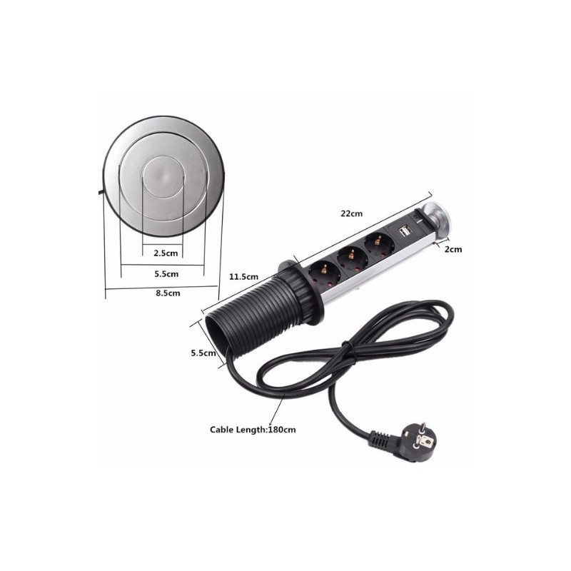 POP UP Stikdåse med 3 x AC udtag og 2 x USB udtag, 1,8m kabel, 250 V, Max. 16A til montage i bla. bordplader