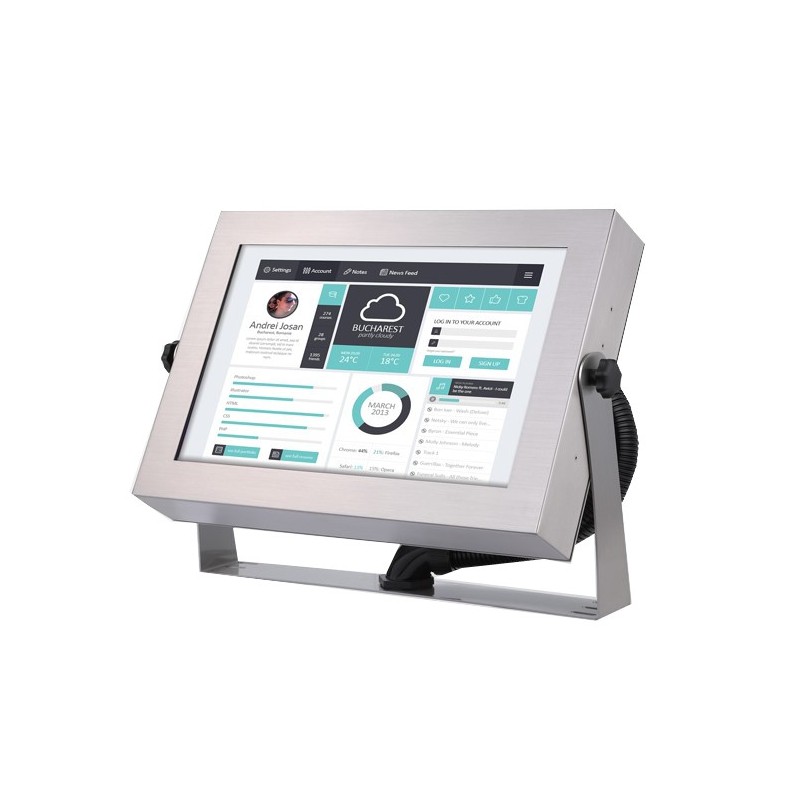 15" monitor i rustfri stålkabiner IP66 tæt på alle flader.