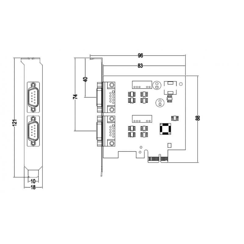 PCI Express-kort 2 x RS422/485 Surge Isolation DOS Linux, DOS, XP, Win10/11 Windows Server 2003/2008/2012/2016/2019/2022