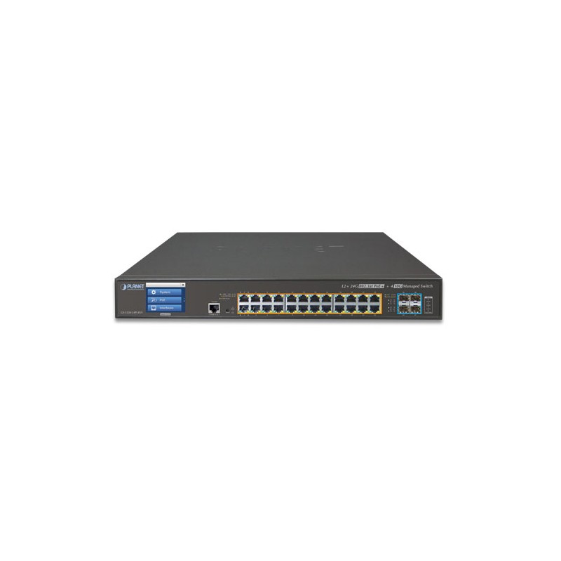 24 ports Gigabit switch 10/100/1000Mbit RJ45, 4 x SFP slot til 10Gbit / 1Gbit, Managed, PoE+