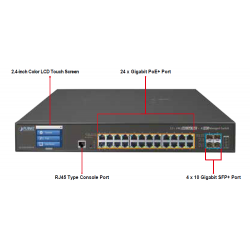 24 ports Gigabit switch 10/100/1000Mbit RJ45, 4 x SFP slot til 10Gbit / 1Gbit, Managed, PoE+