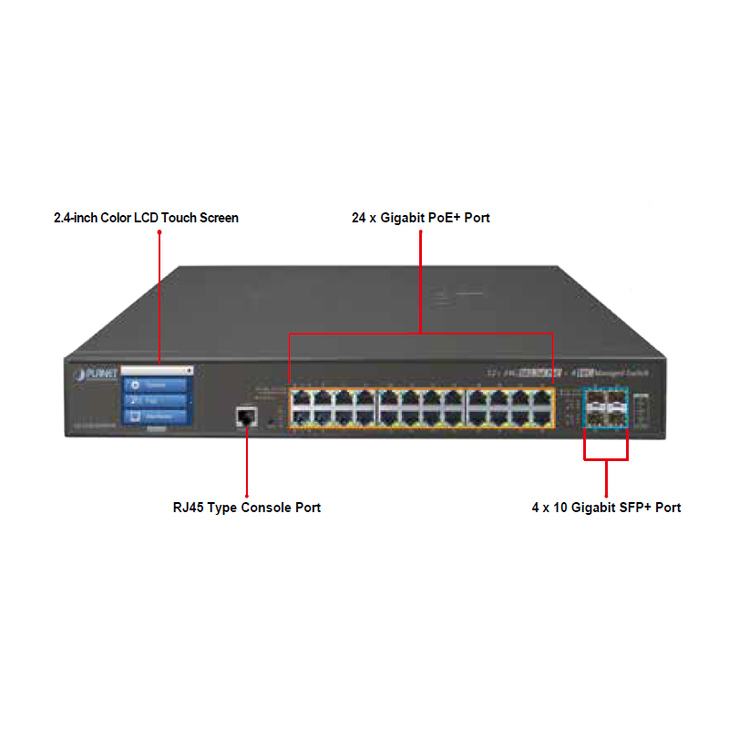 24 ports Gigabit switch 10/100/1000Mbit RJ45, 4 x SFP slot til 10Gbit / 1Gbit, Managed, PoE+