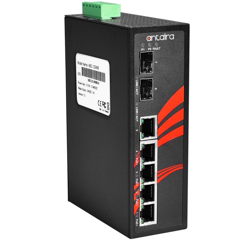 7 ports industriel PoE+ unmanaged switch med 4 x RJ45 + 3 x SFp porte