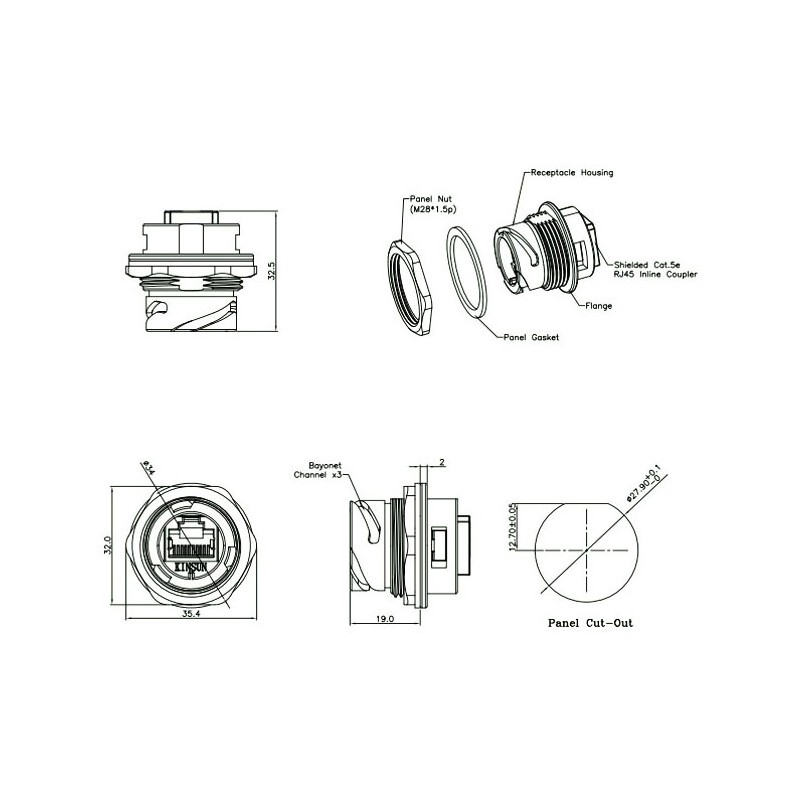Waterproof RJ45 connector in 3 parts - IP68 tight - metal DANBIT