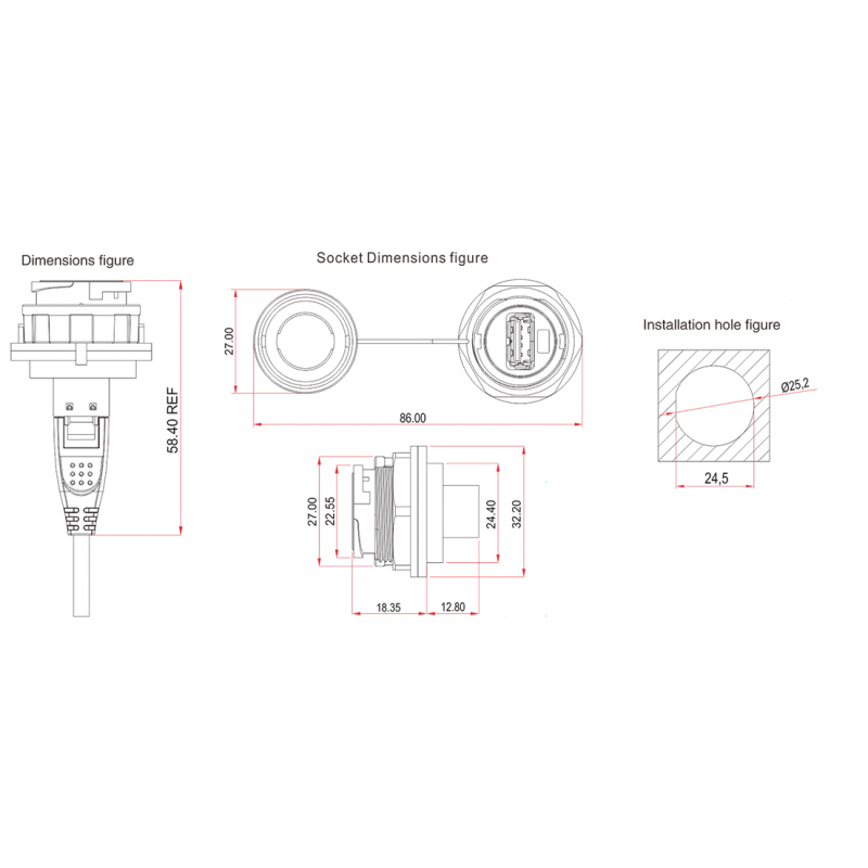 Waterproof USB3.0 chassis female connector, IP67 with cap, 1 meter cable. Plastic.