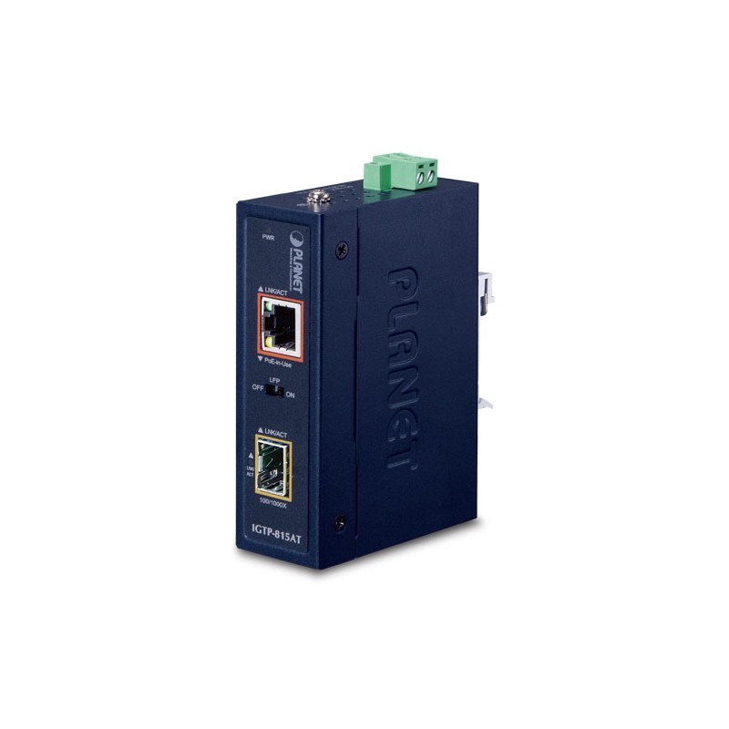 Mediekonverter 100/1000Mbit fiber SFP til RJ45 10/100/1000Mbit. PoE+ ud
