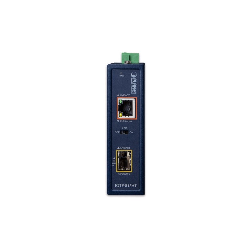 Mediekonverter 100/1000Mbit fiber SFP til RJ45 10/100/1000Mbit. PoE+ ud