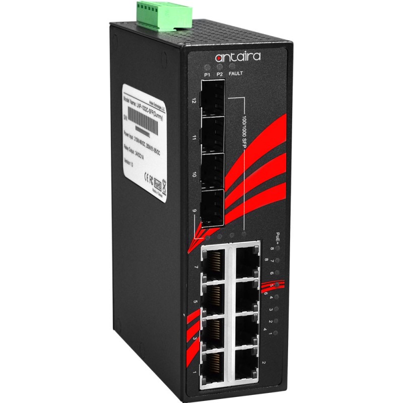 12-Ports industriel Gigabit PoE+ switch, 8 x RJ45, 4 x SFP