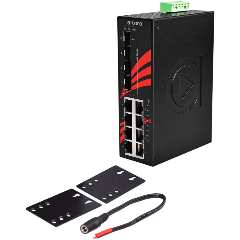 12-port industrial Gigabit PoE + switch, 8 x RJ45, 4 x SFP, -40 ° to 75 ° C