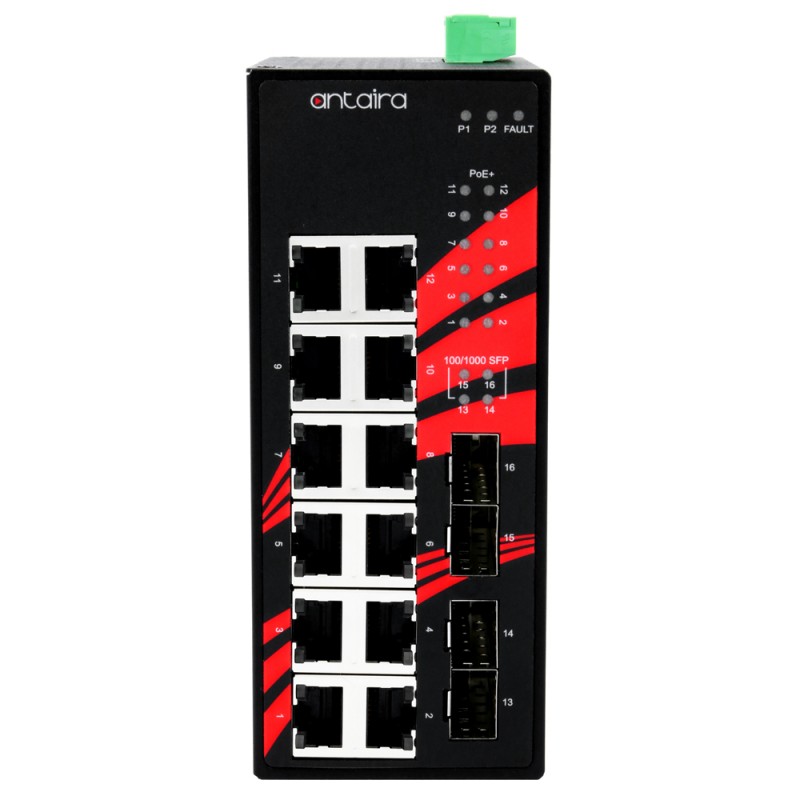 16-Port industrial gigabit PoE+ unmanaged switch, 12 RJ45, 4 FTP