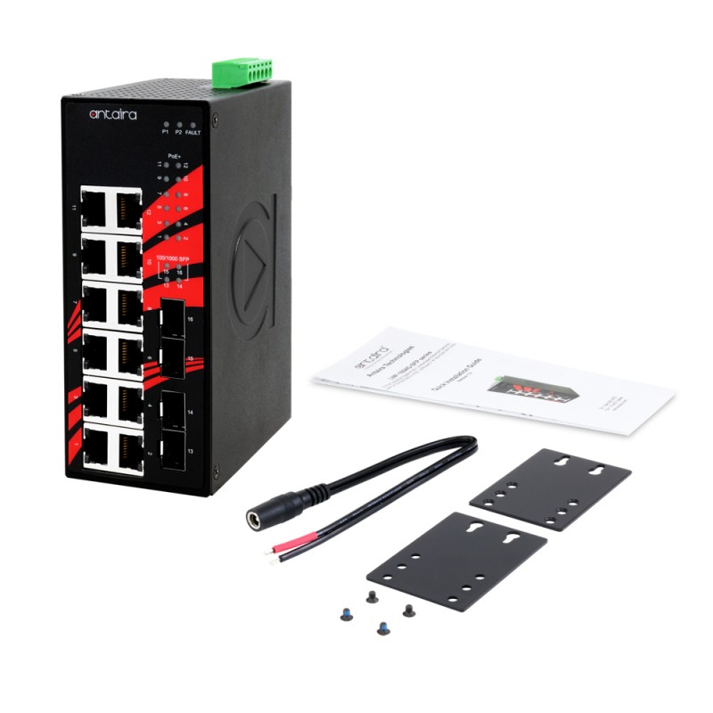 16-Port industrial gigabit PoE+ unmanaged switch, 12 RJ45, 4 FTP