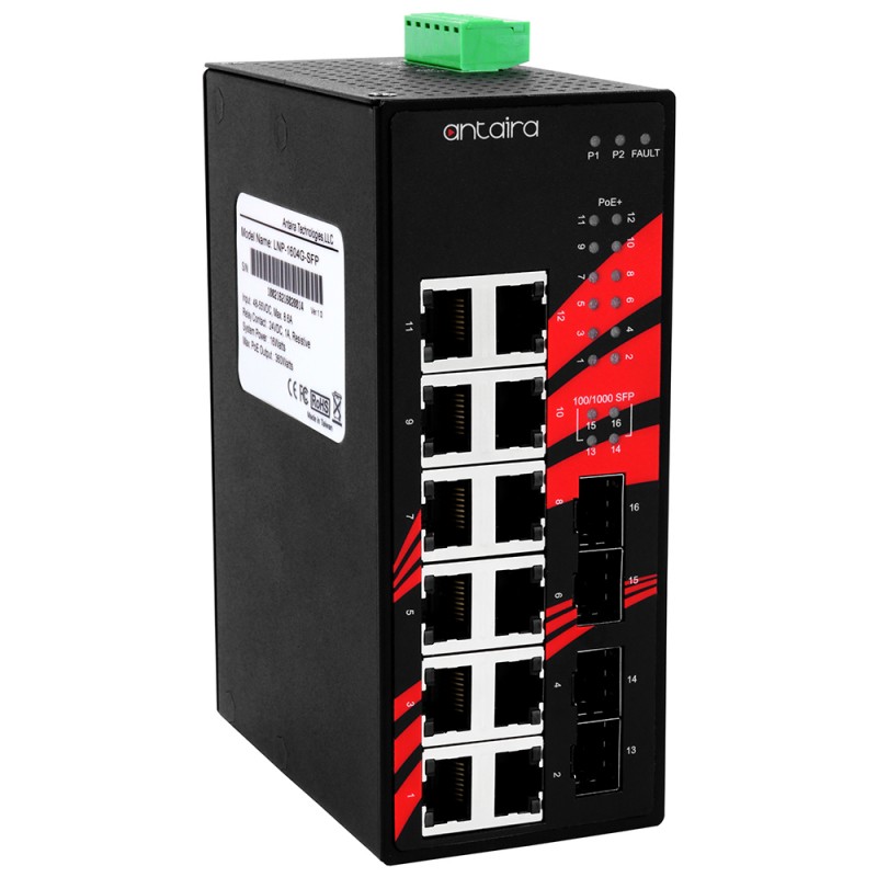 16-port industrial Gigabit PoE + unmanaged switch, 12 x RJ45, 4 x FTP, -40 ° to + 75 ° C