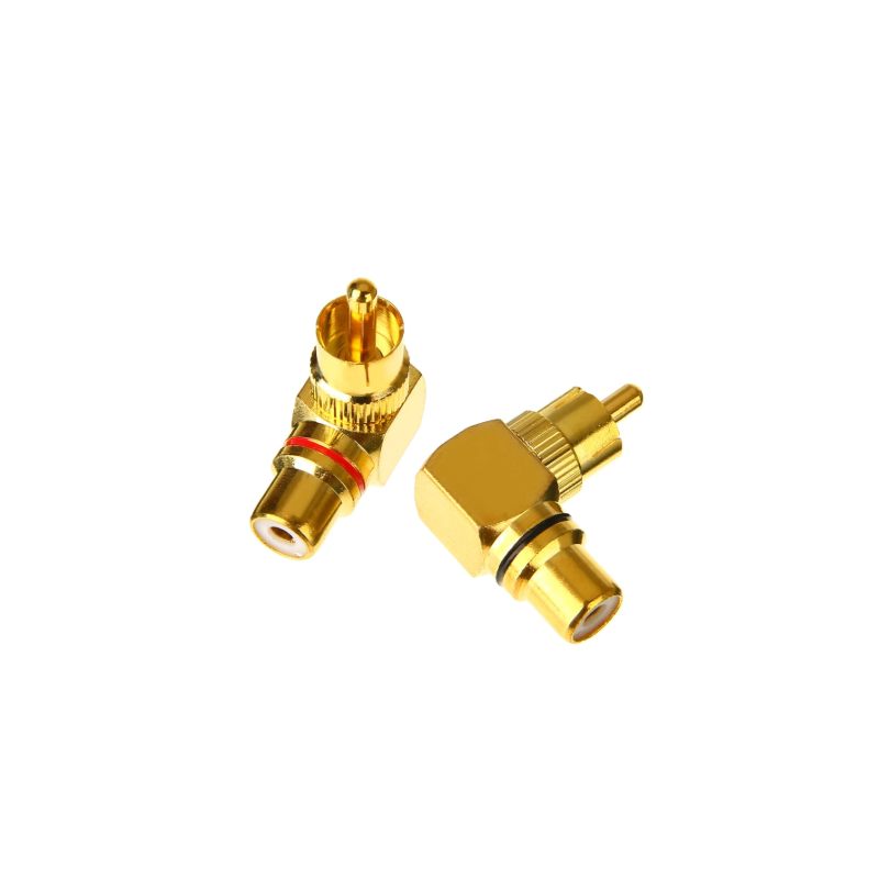 RCA-adapter (90 grader), Han til hun stik, guldbelagt. Phono han til hun
