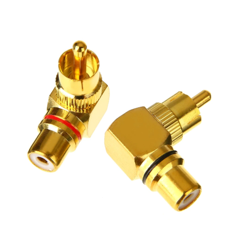 RCA-adapter (90 grader), Han til hun stik, guldbelagt. Phono han til hun
