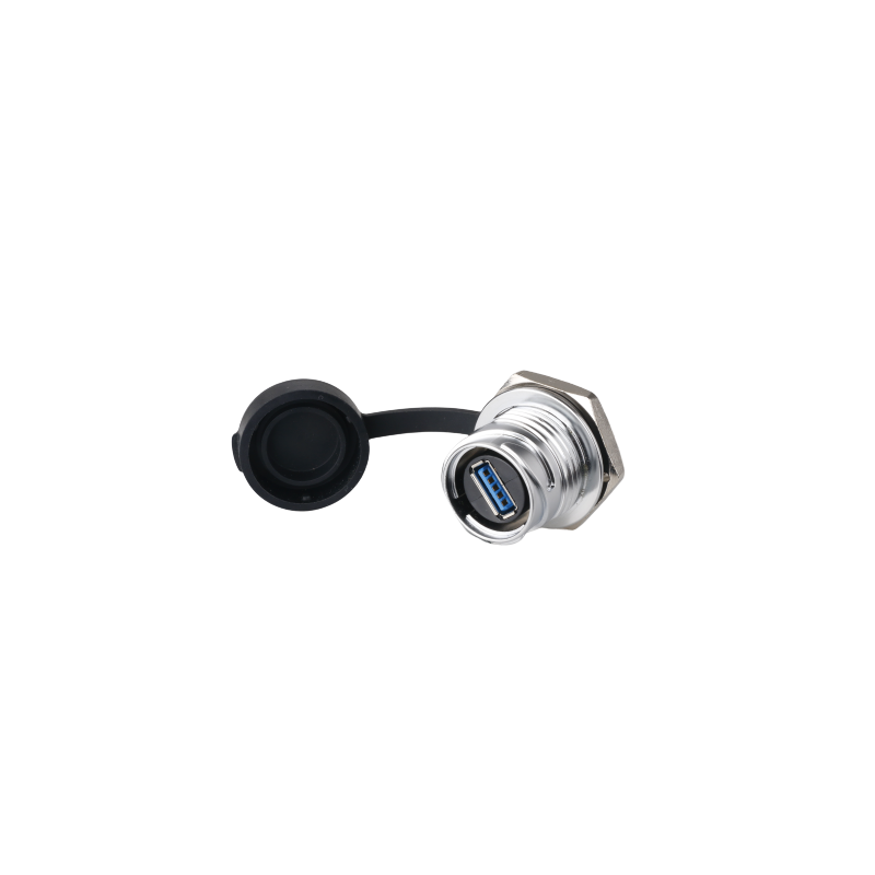 Vandtæt USB 3.0 hun stik med gevind til chassis, IP68 tæt med hætte, USB hun/hun