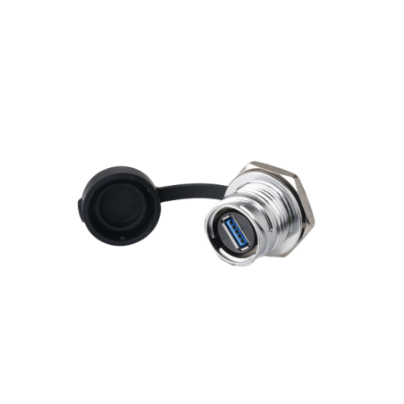 Vandtæt USB 3.0 hun stik med gevind til chassis, IP68 tæt med hætte, USB hun/hun