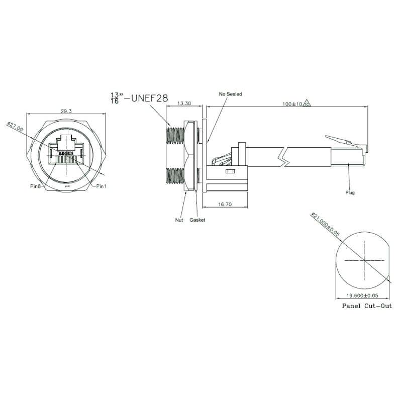 Vandtæt RJ45 chassis-stik, 21 mm gevind - til udendørsbrug