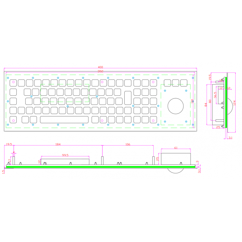 IP65 rustfrit stål tastatur med trackball robust og vandtæt, USB, nordisk tegnsæt