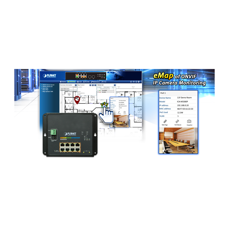 8 ports Managed switch 8 x 10/100/1000Mbit RJ45. Fiber 2 x 100/1000Mbit SFP. PoE+