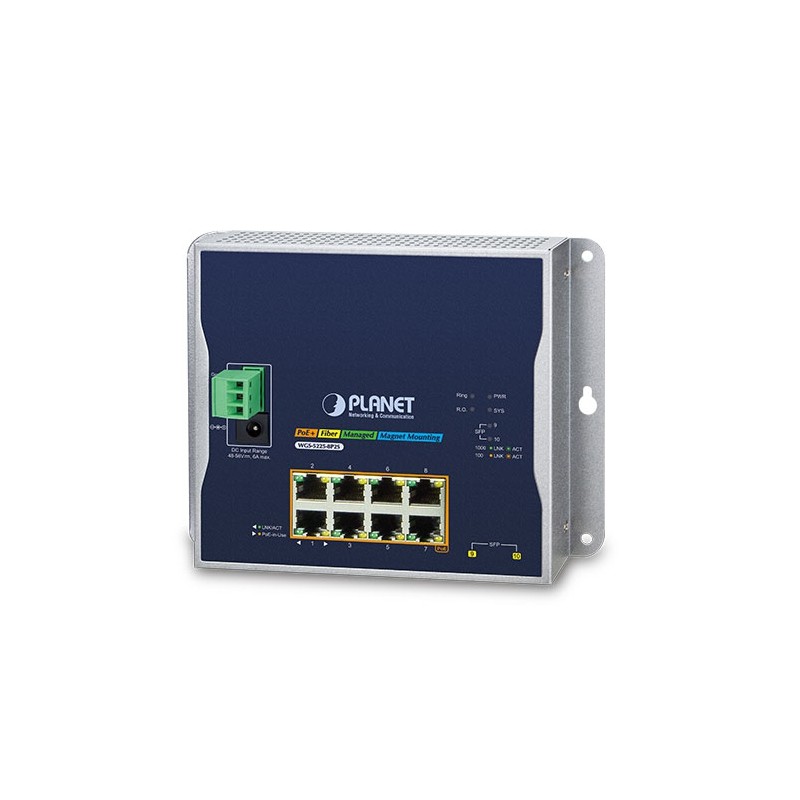 8 ports Managed switch 8 x 10/100/1000Mbit RJ45. Fiber 2 x 100/1000Mbit SFP. PoE+