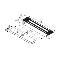 Vandtæt mini dørmagnet, holder kraft op til 272 kg. 12 / 24VDC kobling