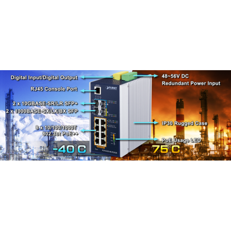 8 port 10/100 / 1000Mbit RJ45, PoE ++ 2 port 100 / 1000Mbit and 2 port 10Gbit SFP slot, Managed