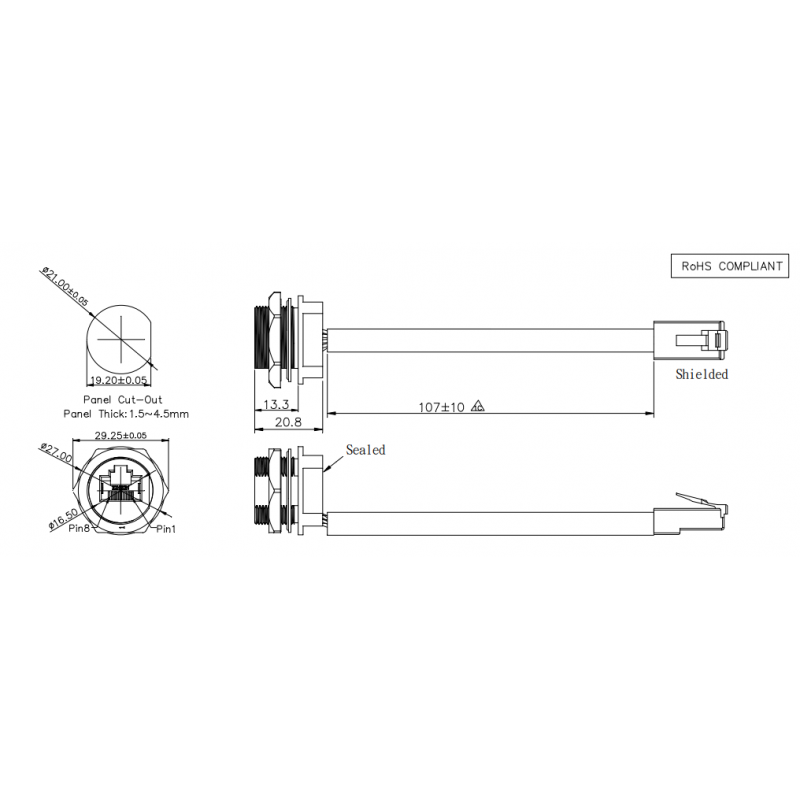 Vandtæt RJ45 chassis-stik, 21 mm gevind - til udendørsbrug