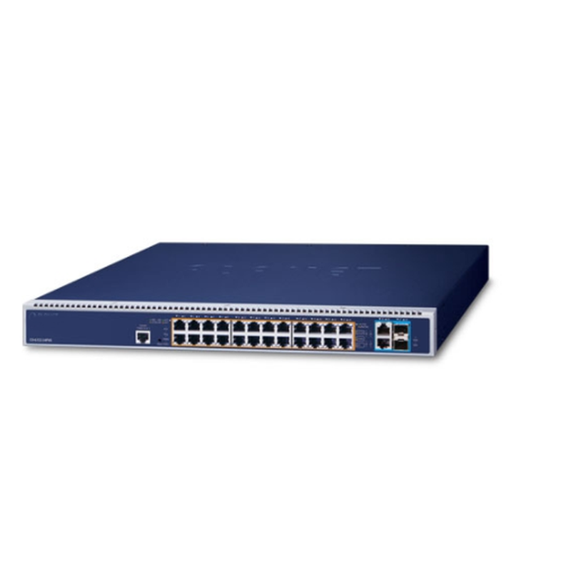 24 ports Gigabit switch 24 x 10/100/1000Mbit RJ45 med PoE++ 95W på alle 24 porte. 4 x Fiber porte. Managed switch