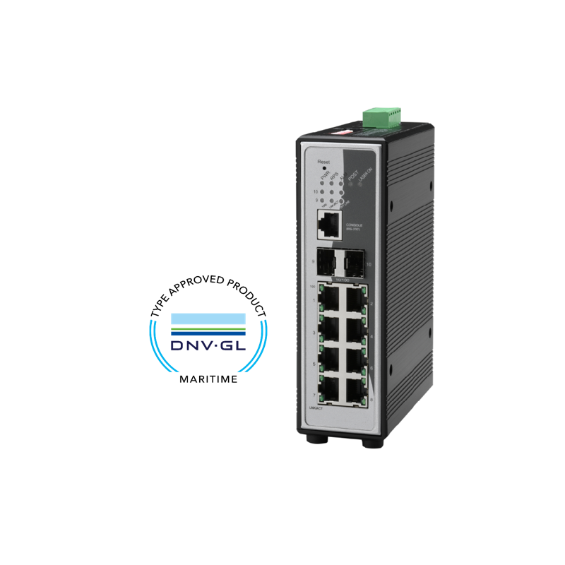 8 port DNV GL marine approved switch 8 x 10 / 100Mbit. Fiber 2 x 100 / 1000Mbit SFP