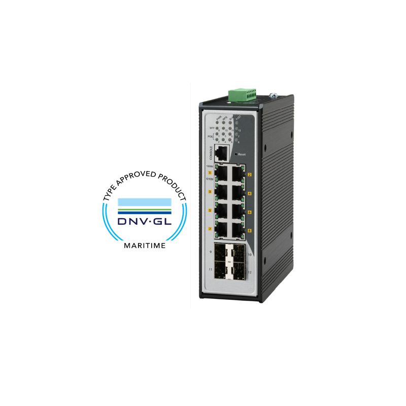 8 ports DNV GL marinegodkendt Managed switch 8 x 10/100/1000Mbit. Fiber 4 x 1000Mbit SFP