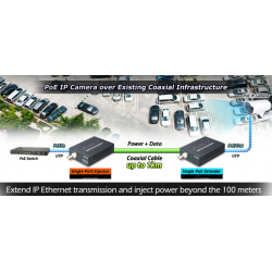 Ethernet extender over Coax kabel, 1 km med PoE (25Watt). Data og PoE over coax-kabel