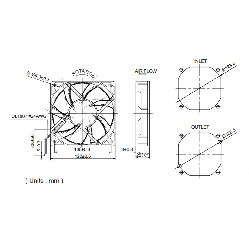 Comoputer cabinet 12VDC fan 120 x 120 x 25mm, with thermal sensor quiet noise reducing