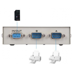 A B manuel seriel switch, alle 9, mekanisk med trykknapper. 2 x DB9 han, 1 x DB9 hun