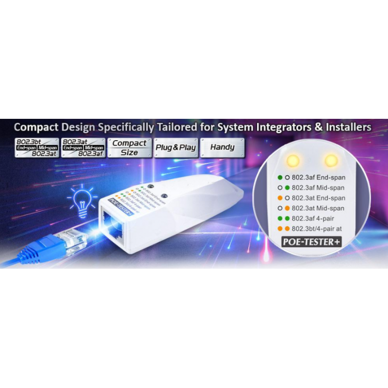 PoE Tester for at kontrollere PoE standard. End-span, Mid-span, 4-pair. LED indikering