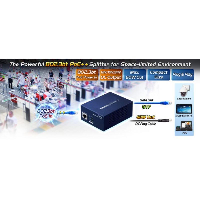 Gigabit PoE++ splitter (60W) til PoE Data og 12VDC/5A eller 19VDC/3.2A eller 24VDC/2.5A ud