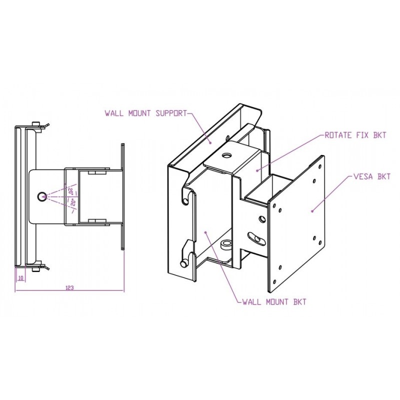 Vægbeslag i 304L rustfrit stål til fødevareforarbejdning, VESA-beslag 75/100, TFT-beslag, panel-pc-beslag
