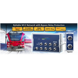 8 port Industriel Managed Gigabit switch IEEE 1588 og synkron M12 stik. Med automatisk Bypass