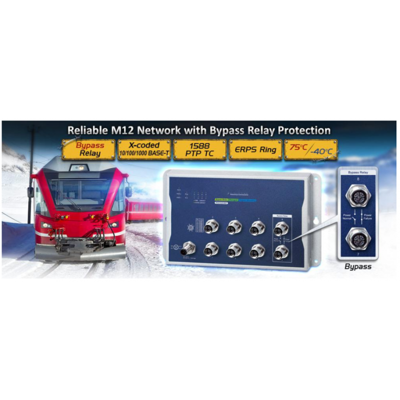 8 port Industriel Managed Gigabit switch IEEE 1588 og synkron M12 stik. Med automatisk Bypass