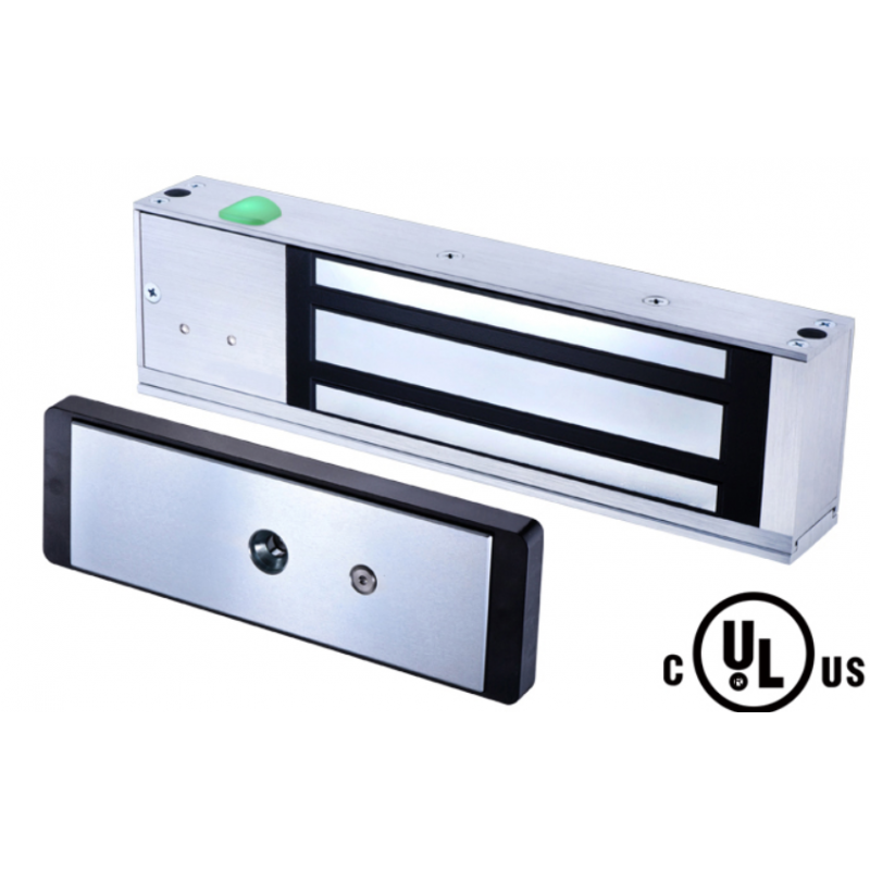 Kraftig elektronisk dørmagnet med holdekraft på 540kg, 12 / 24VDC automatisk omskiftning.