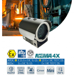 Explosion-proof 2MP ATEX Zone 1 and 2 CLASS IIC IP camera in 316L steel housing with motot zoom. IP68