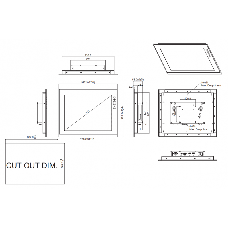15" skærm med vandtæt front til panel montering