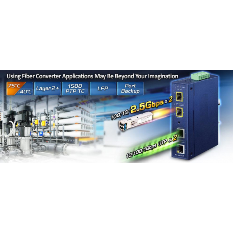Managed mediekonverter med 2 x RJ45 til 2 x Fiber. RJ45 Gigabit til Fiber op til 2500Mbit SFP