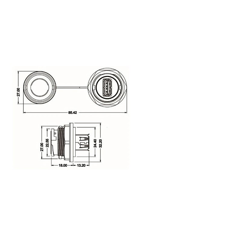 Vandtæt USB3.0 A-hun og A-hun stik til chassis, IP68 tæt med hætte påsat.