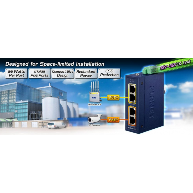 2 x PoE+ injektor 2 x PoE+ PSE og 2 x LAN. Gigabit. Mid-span injektor