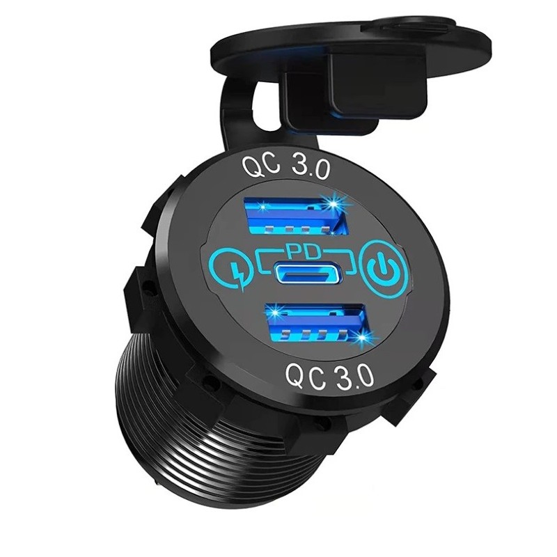 Kombinationsstik USB-C PD USB-A Cigarstik Rundt vandtæt panelmonteret USB-oplader til bådbil lastbil