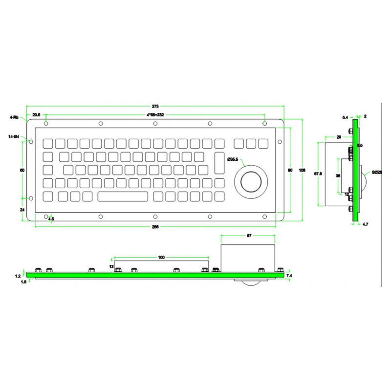 Industrial stainless steel keyboard with trackball for panel mounting